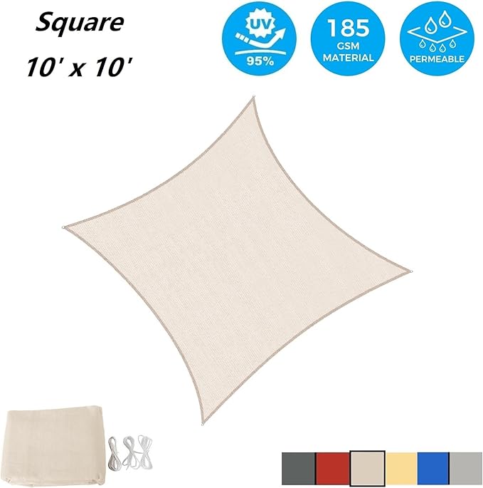 AsterOutdoor Sun Shade Sail Rectangle 10' x 10' UV Block Canopy for Patio Backyard Lawn Garden Outdoor Activities, Cream