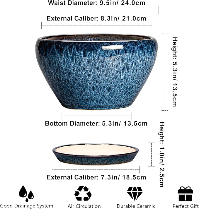 Ceramic Pots for Plants - 9 Inch Plant Pot Indoor with Drainage Hole and Saucer, Ceramic Planters for Outdoor Plants, Round Modern Flower Pot, Housewarming Gifts, Home Decor, Blue