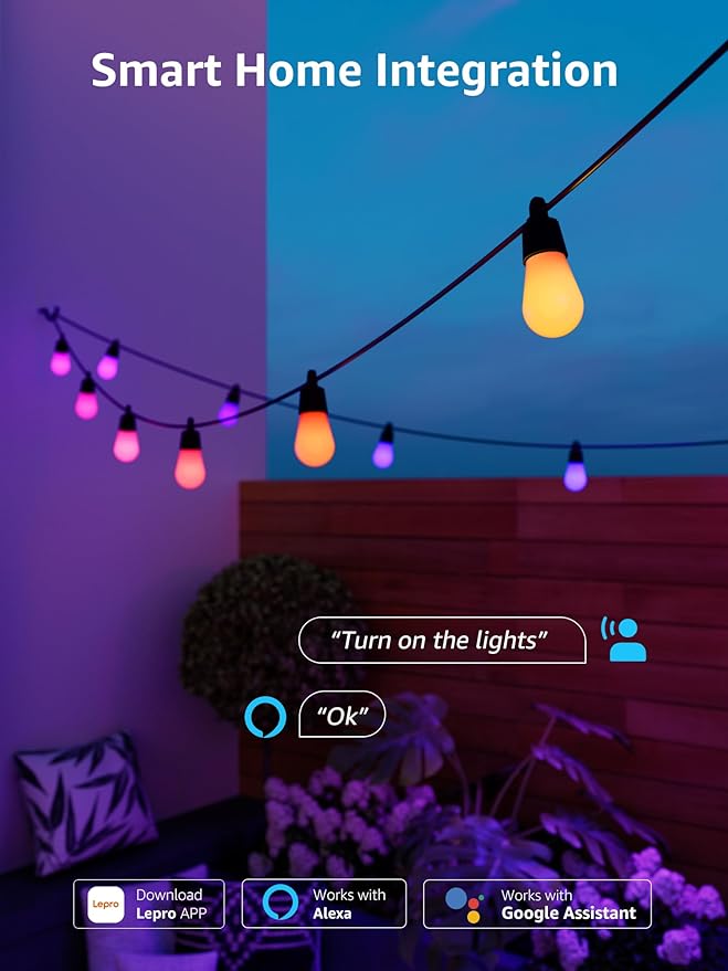 Lepro ZB1 AI Smart Outdoor String Lights APP Control, 54(42+12) ft RGB+IC+Warm White Outdoor Lights 15 LED Bulbs, Alexa Google Home Enable, AI Generated Lighting LLM, NO Remote 2.4 GHz WiFi+Bluetooth