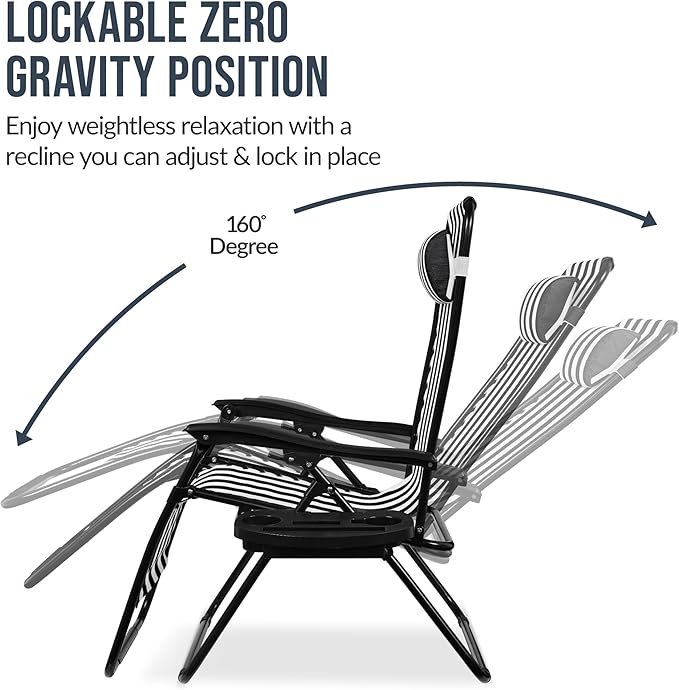 Best Choice Products Set of 2 Extra Wide Adjustable Steel Mesh Zero Gravity Lounge Chair Recliners w/Pillows and Cup Holder Trays - Black Stripes