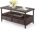 VINGLI Outdoor Wicker Coffee Table with 2 Drawers & Tempered Glass Top, Patio Coffee Table Outdoor Table for Balcony, Porch, Deck