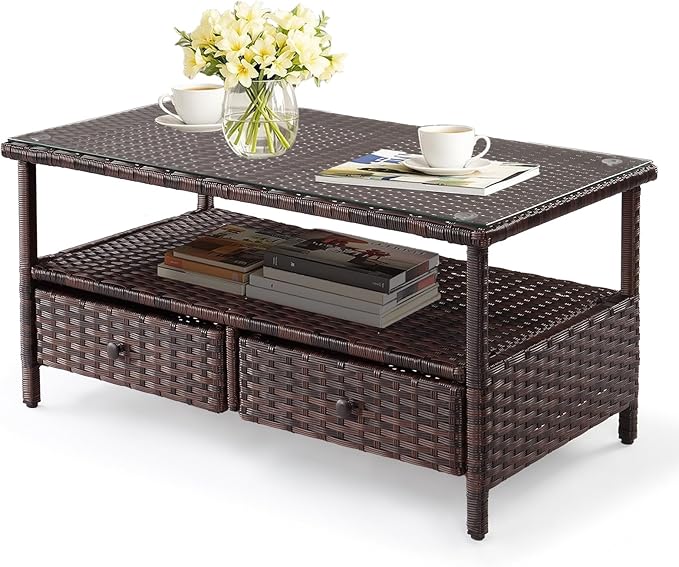 VINGLI Outdoor Wicker Coffee Table with 2 Drawers & Tempered Glass Top, Patio Coffee Table Outdoor Table for Balcony, Porch, Deck