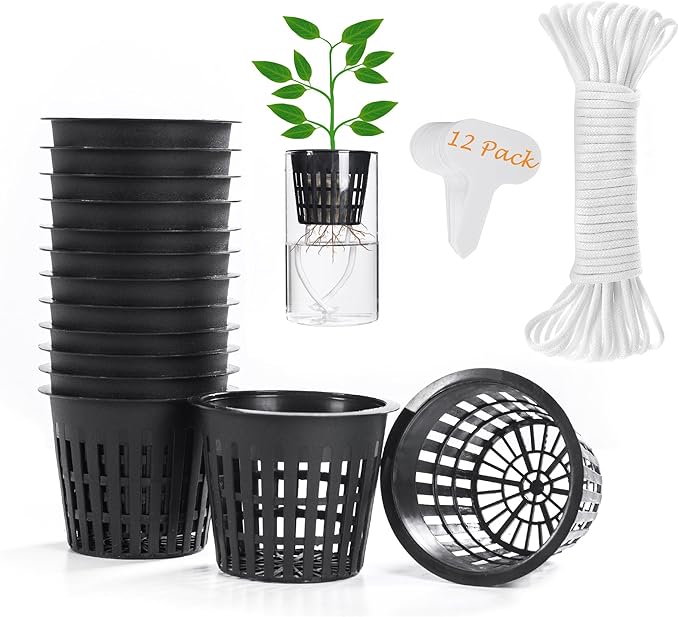 ORIMERC 12 Pack 3 inch Net Cups Pots with 12 feet Hydroponics Self Watering Wick & 12 Plant Labels Aquaponics Mason Jar Bucket Insert Orchid kratky Vegetable Garden Growing Netted Basket Slotted Mesh