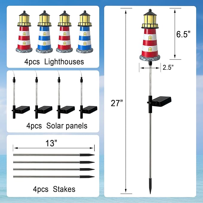 4 Pack Lighthouse Solar Lights,7 Light Color Changes,IP65 Waterproof Solar Pathway Lights for Garden,Lawn,Outdoor Lighthouse Decor