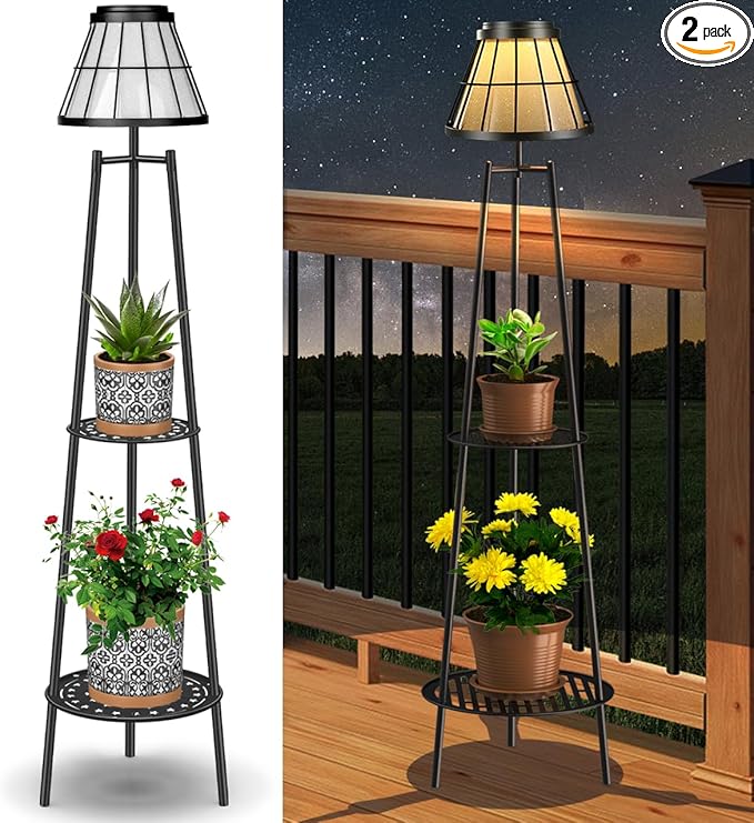 2 Pack 45.5'' Outdoor Floor Lamps with 2 Tier Plant Stand, Solar Powered Metal Waterproof Lights for Patio Deck Yard Garden Porch Decor