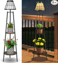 2 Pack 45.5'' Outdoor Floor Lamps with 2 Tier Plant Stand, Solar Powered Metal Waterproof Lights for Patio Deck Yard Garden Porch Decor