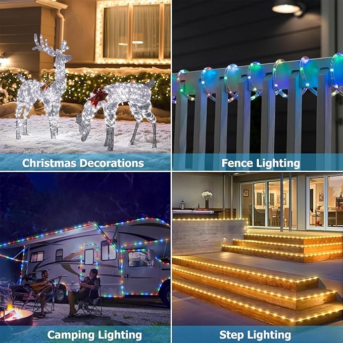100ft Outdoor Rope Light, IP68 Waterproof 25 Color Changing String Lights with 149 Modes, Warm White & RGB LED Multicolor Twinkle Fairy Tube Lights for Indoor & Outside Railing, Balcony, Patio Decor