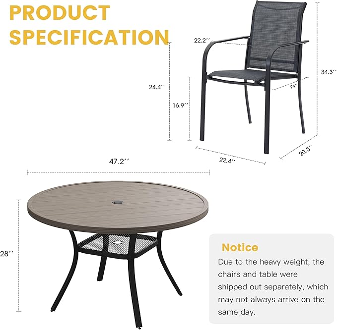 VICLLAX Patio Dining Set for 6, 7 Pieces Outdoor Furniture Set- 47" Round Patio Table and 6 Patio Chairs, Grey Wood Grain Tabletop and Grey Fabric