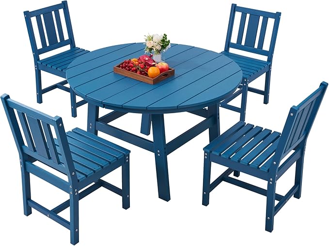 AMERLIFE 5 Piece HDPE Outdoor Dining Table & Chairs Set, All-Weather Patio Table and Chairs Set Furniture with Umbrella Hole for Garden, Backyard, Poolside, Seaside, Blue