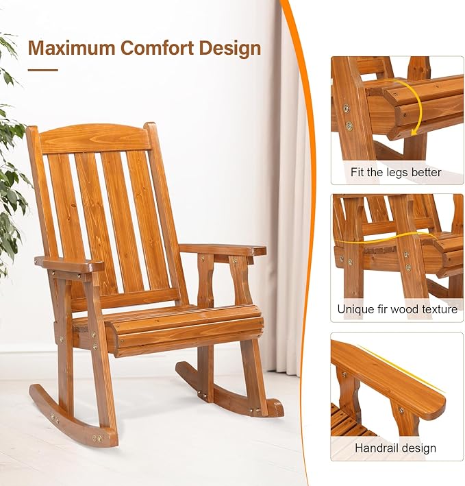 VINGLI Outdoor Rocking Chair Set of 2, Heavy Duty 600 LBS Wooden Rocking Chair with Comfortable Backrest, Weatherproof Rocker with Ergonomic Design, Suit for Patio, Garden, Yard, Teak