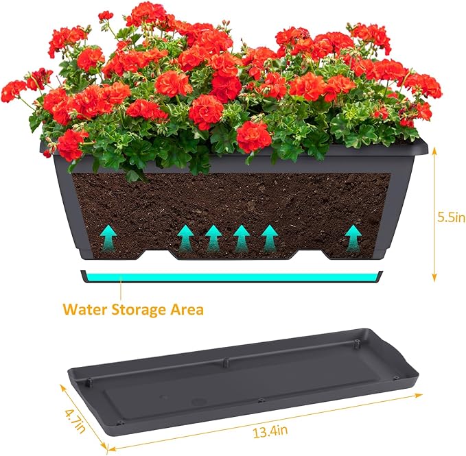 smusei 4 Pack 17 Inch Deck Railing Planter Boxes Window Boxes Planters Adjustable Balcony Planters Railing Hanging, Rectangular Fence Deck Rail Planter for Outdoor Plants Flower Pots Herb