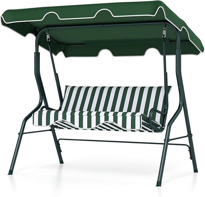 Tangkula 3 Person Porch Swing, Patio Swing with Removable Cushion & Powder-Coated Steel Frame, Outdoor Swing with Canopy for Porch, Backyard, Garden, Balcony (Green)