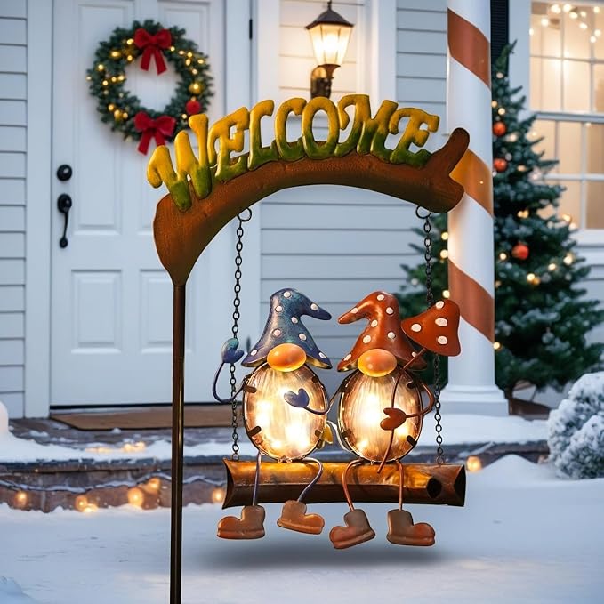 HONGLAND Gnomes Garden Decor Solar Lights, 48 Inch Welcome Sign Swing Yard Decorations Outdoor Decorative Stake for Lawn Porch Backyard Patio, Gnome Gardening Gifts for Women Mom