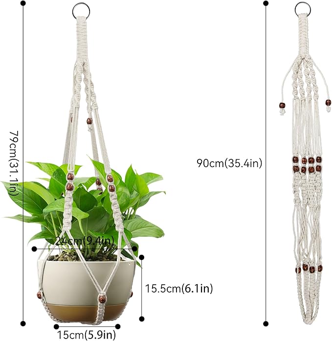 USLAI Macrame Plant Hanger Indoor Outdoor, Fits 4 to 15 Inch Pots, Strong Hanging Planter Holder, Boho Home Decor, 35+35 Inch, Ivory+Red Bead, Set of 2 (POTS NOT Included)