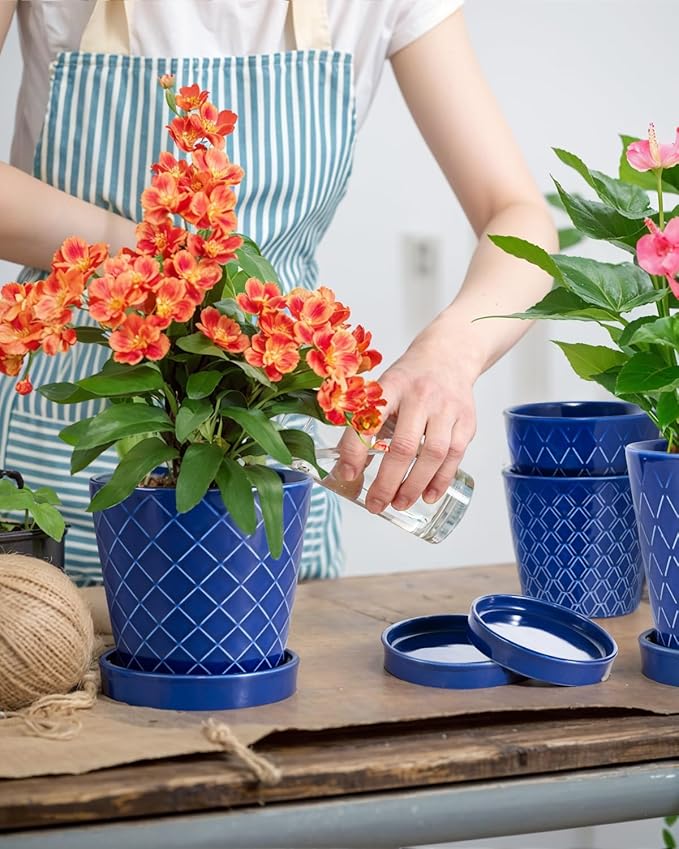 BUYMAX Ceramic Plant Pots –5 inch Indoor Flower Pot with Drainage Hole and Ceramic Tray - Gardening Home Desktop Office Windowsill Decoration Gift, Set of 4-Plants NOT Included(Blue)