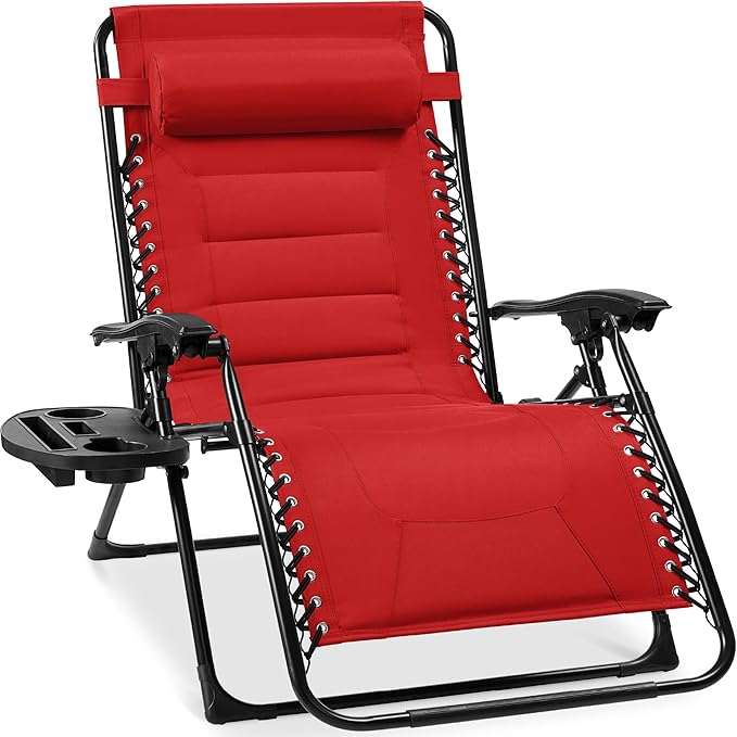 Best Choice Products Oversized Padded Zero Gravity Chair, Folding Outdoor Patio Recliner, XL Anti Gravity Lounger for Backyard w/Headrest, Cup Holder, Side Tray, Polyester Mesh - Crimson Red