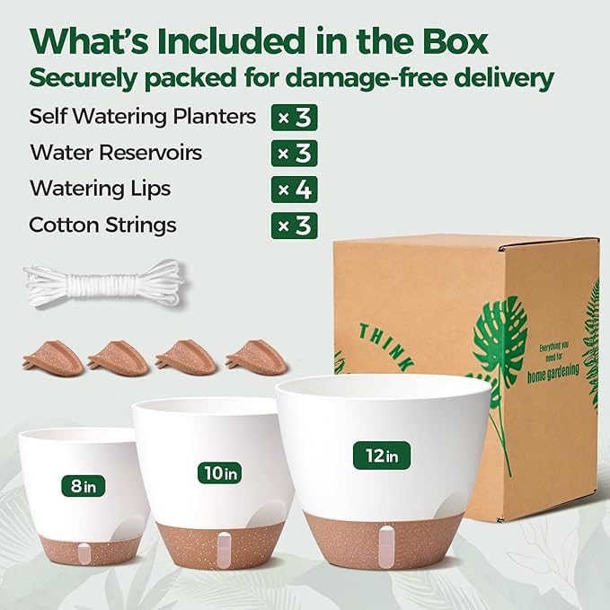T4U 3 Pack Self Watering Pots (8"+10"+12") - Water Level Indicator & Deep Reservoir, Mess-Free Planters for Busy People, Beginners & Gardeners, Fits Pothos to Monstera, Indoor Outdoor Use (White)