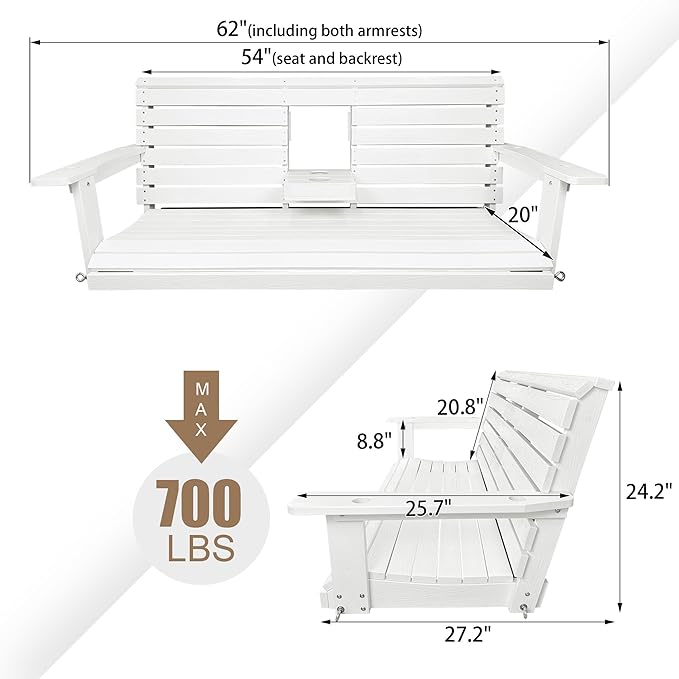 Poly Lumber 3-Seat Porch Swing, HIPS 5-Feet Bench Swing with Foldable Cup Holders,18/8 Stainless Steel Hardware, High Backrest and Deep Contoured Seat, Snow White