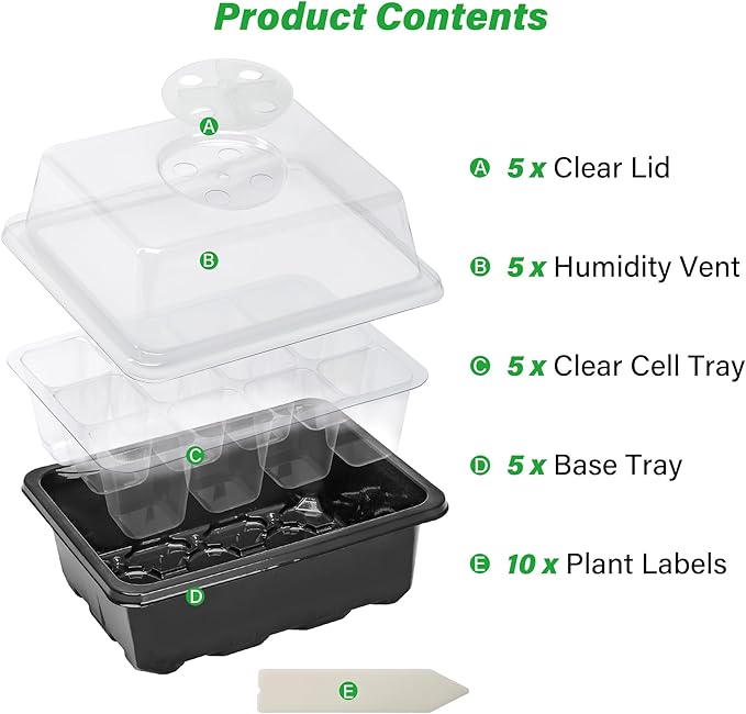 Bonviee 5-Pack Seed Starter Tray Seedling Kits,Plant Starter Kit with Adjustable Humidity Dome and Base Indoor Greenhouse Mini Propagator for Seeds Growing Starting (12 Cells per Tray,Black)