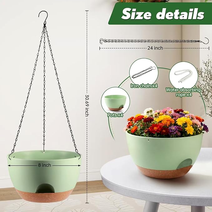 4-Piece Set of 8-Inch Hanging Planters with Automatic Watering System and Drip Tray, Includes Metal Chain, Suitable for Various Indoor and Outdoor Plants and Flowers, Green-Brown