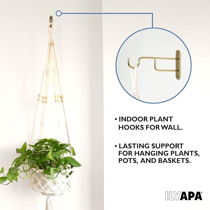 Ilyapa 3 Pack Metal Wall Plant Hangers - 7 Inch Plant Hanger for Indoor - Rustic Brass Finish Hooks for Hanging Plants, Baskets, and Macrame - Indoor Hangers for Plants, Lanterns or Wind Chimes