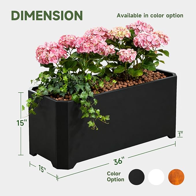 Steel Planter Box-36"x15"x15"-Large Rectangular Planters for Outdoor Plants, Black Matel Planter Box Raised Support Feet for Patio, Deck, Garden, Yard, Drain Holes, Easy Assembly