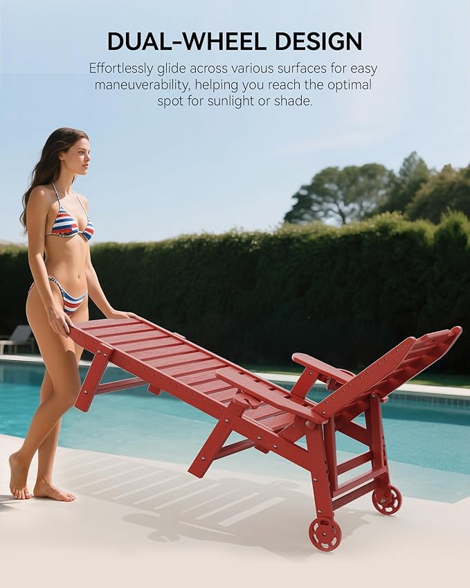 Carauci Lounge Chair Outdoor, HDPE Chaise Lounge with Wheels, 5-Position Adjustable Backrest & 2 Cup Holders Patio Lounge Chair, All-Weather Pool Sun Lounger for Poolside, Backyard, Red