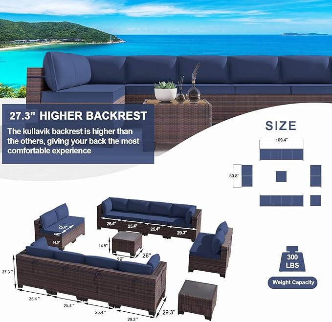 Kullavik 14 Pieces Outdoor Patio Furniture Set PE Wicker Rattan Sectional Sofa Patio Conversation Sets,Navy Blue