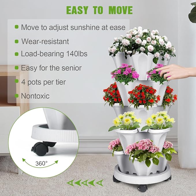 Vertical Strawberry Planter 5 Tier Stackable Tower Herb Planters-Stacking Garden Outdoor Planter Pot With Tools Mover For Succulents, Vegetables and Flowers