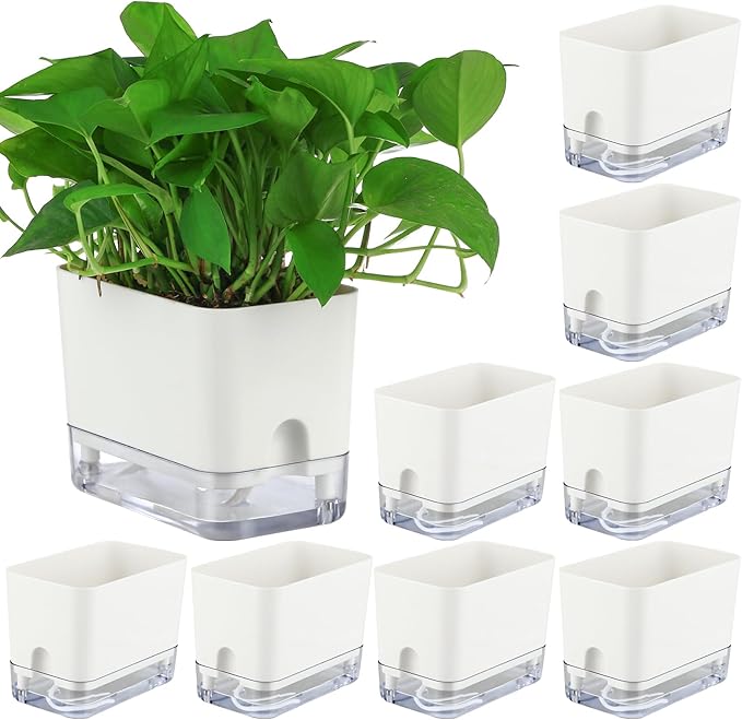 Planterhoma Self Watering Plant Pots for Indoor Plants 7 inch, 8 Packs Rectangular Self-Watering Planters with Drainage Hole, White African Violet Pots for Devil's Ivy, Spider Plant, Orchid, Herb