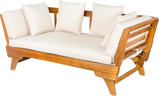 Christopher Knight Home Gary Patio Convertible Couch, Wooden Outdoor Daybed, 3-Seater Acacia Wood Patio Furniture Lounge Sofa for Backyard/Poolside/Garden, Back Pillow+Removable Cushion, Teak+ Beige