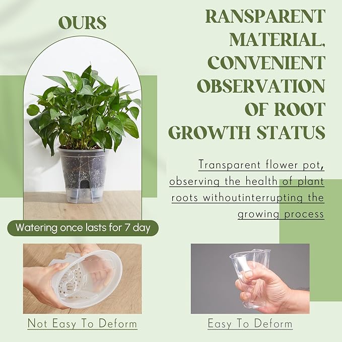 Self Watering Pots for Indoor Plants with Deep Reservoir and High Drainage Holes for Outdoor Plants and Flowers, Bare Root Planter(4.72'', 5.91'', 7.09'',Clear,6 Pcs)