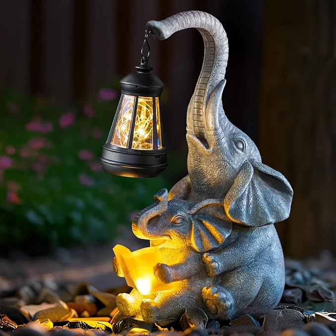 Solar Garden Statue Lights Loving Elephants Figurine with Solar Lantern, Outdoor Yard Decorations for Patio Porch Home, Housewarming Elephant Gifts for Mom, Women
