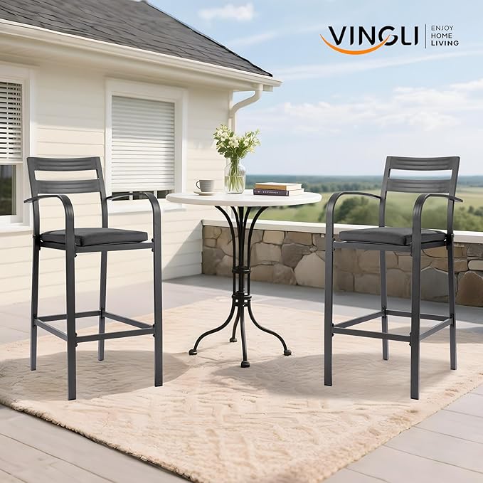 VINGLI Outdoor Bar Stools Set of 2, All-Weather Bar Height Aluminum Stools with 1.6" Thick Cushion, Rust-Proof Patio Chairs for Backyard, Poolside, Balcony & Kitchen Island (Dark Gray)