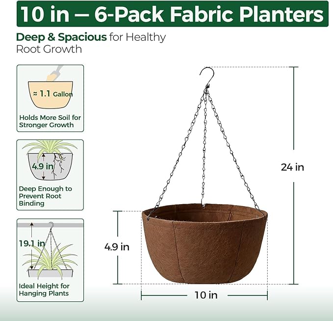 T4U Hanging Planters for Outdoor Plants, 10 Inch 6 Pack Fabric Hanging Baskets with Drainage Tray, Decorative Hanging Pots for Plants Outdoor Patio Porch Garden Use（Brown）