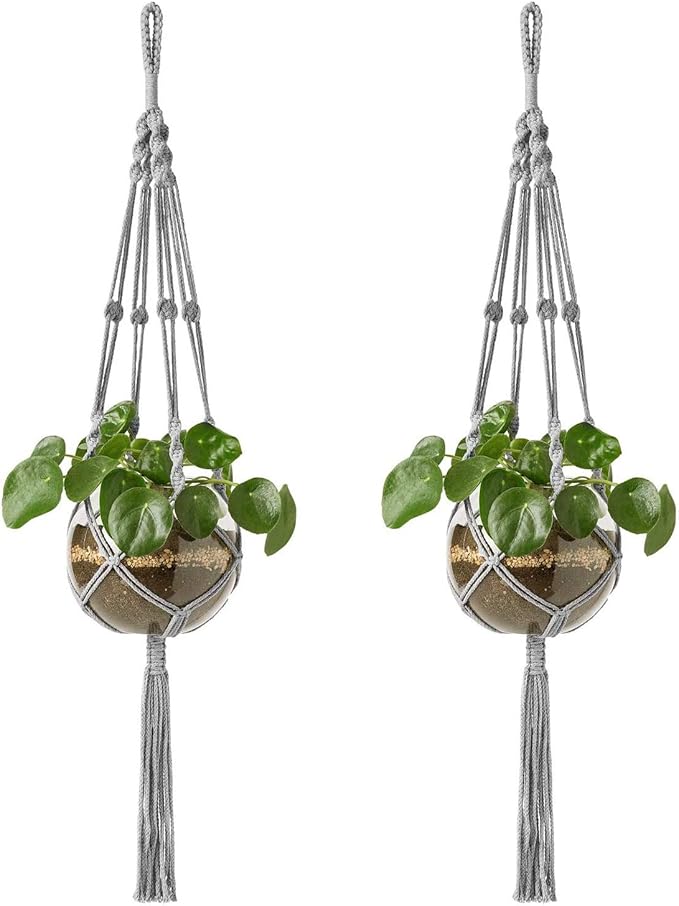 Mkono Macrame Plant Hangers Indoor Outdoor Hanging Planter Basket Cotton Rope 4 Legs 41 Inch, 2 Pack, Grey