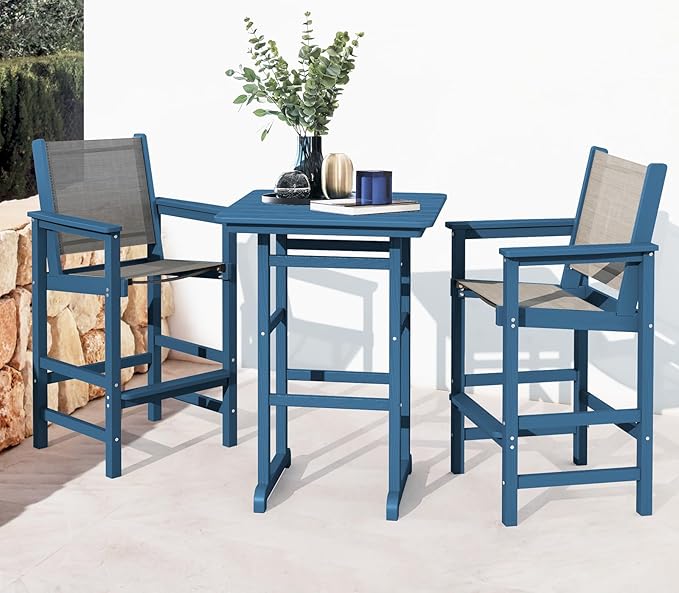 SERWALL 3 Pieces Textilene Adirondack Bar Set, Tall Adirondack Bar Height Chairs with Bar Table, Sling Balcony Adirondack Chairs, Weather Resistance Resin Outdoor Bar Height Stools, Blue