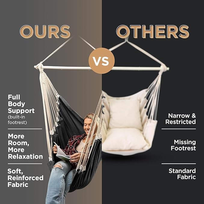 Hanging Hammock Chair Swing – Hanging Chair Outdoor & Indoor - Hammock Swing Chair – Quick & Easy Setup with Hardware Kit – Durable & Spacious Full Body Support with 2 Plush Cushions – Holds 440 Lbs