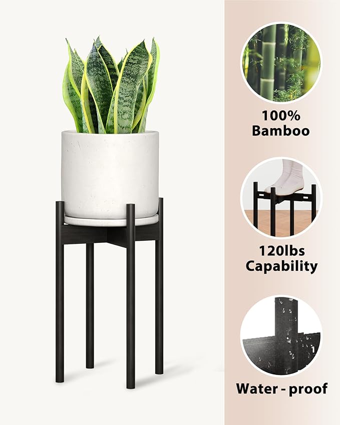 Adjustable Plant Stand Indoor, Bamboo Plant Stand Fits 8 9 10 11 12 Inches, Small Corner Planter Holder for Indoor Plants, Single Floor Plant Stands for Living Room Balcony, Black Tall