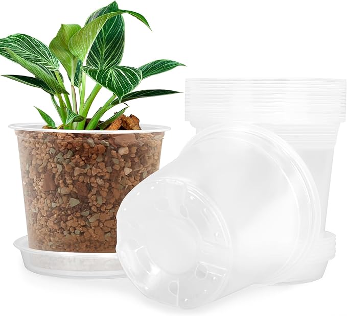5 Inch Clear Nursery Pots for Plants with Sacuers 15 Pack, Plastic Flower Pots with Drainage Holes, Variety Pack Seedlings Garden Pot for Indoor Outdoor (5 inch)