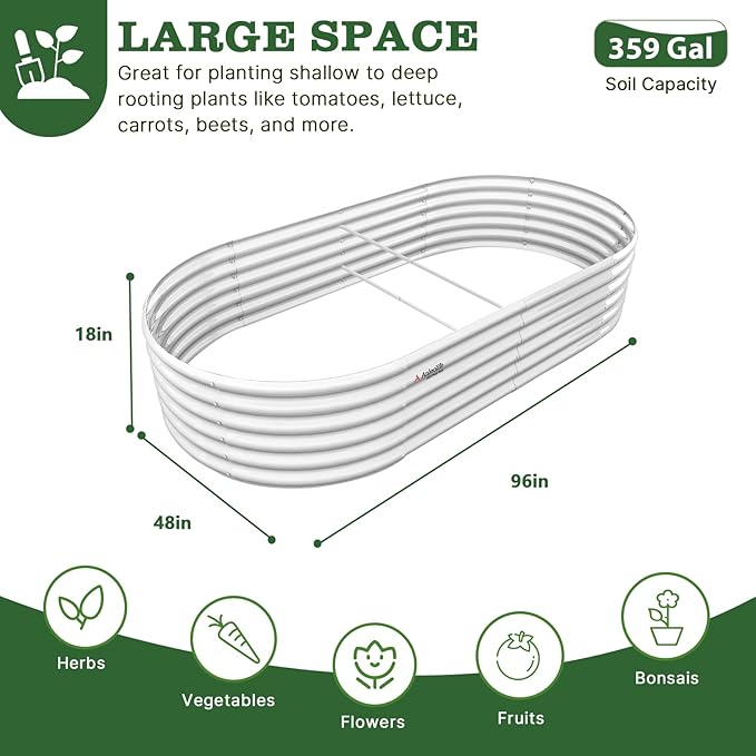 A ANLEOLIFE 8X4X1.5 ft Galvanized Raised Garden Beds Outdoor, Oval Large Metal Planter Box for Planting Vegetables Flowers Herb, Anti-Rust & Easy-Setup, Antique White