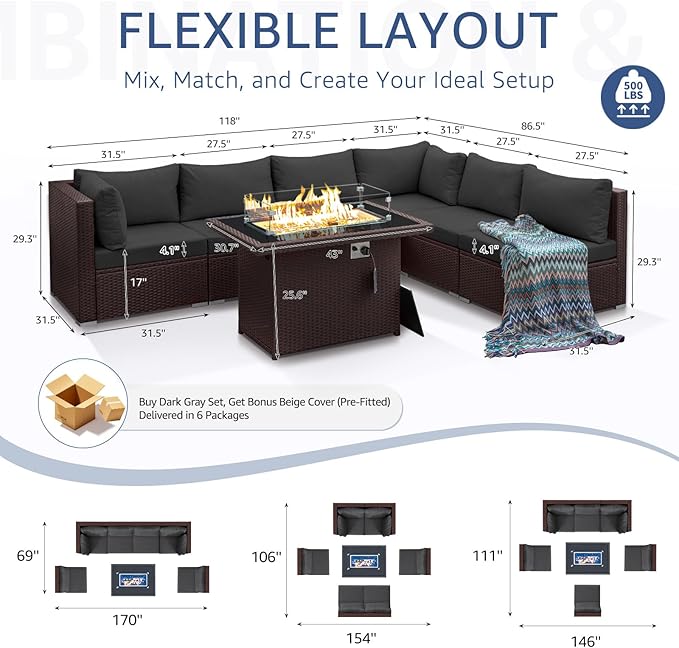 NICESOUL 7 Piece Large Size Outdoor Patio Furniture Set with Fire Pit, 29.3'' High Back Deep Seat Sectional Conversation Sets, Heavy Duty Modern Backyard Sitting, Brown Rattan and Dark Grey Cushion