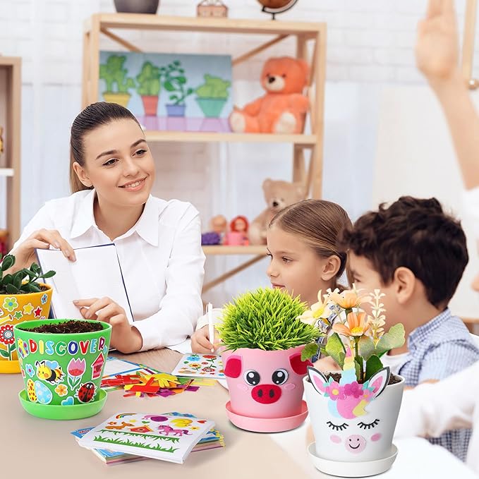Capoda 24 Sets Garden Flower Pots Crafts Kit DIY Spring Plastic Seedling Nursery Pots with Stickers Plant Labels Growth Charts Planting Growing Tools Classroom Activities Project Gifts (Colorful)