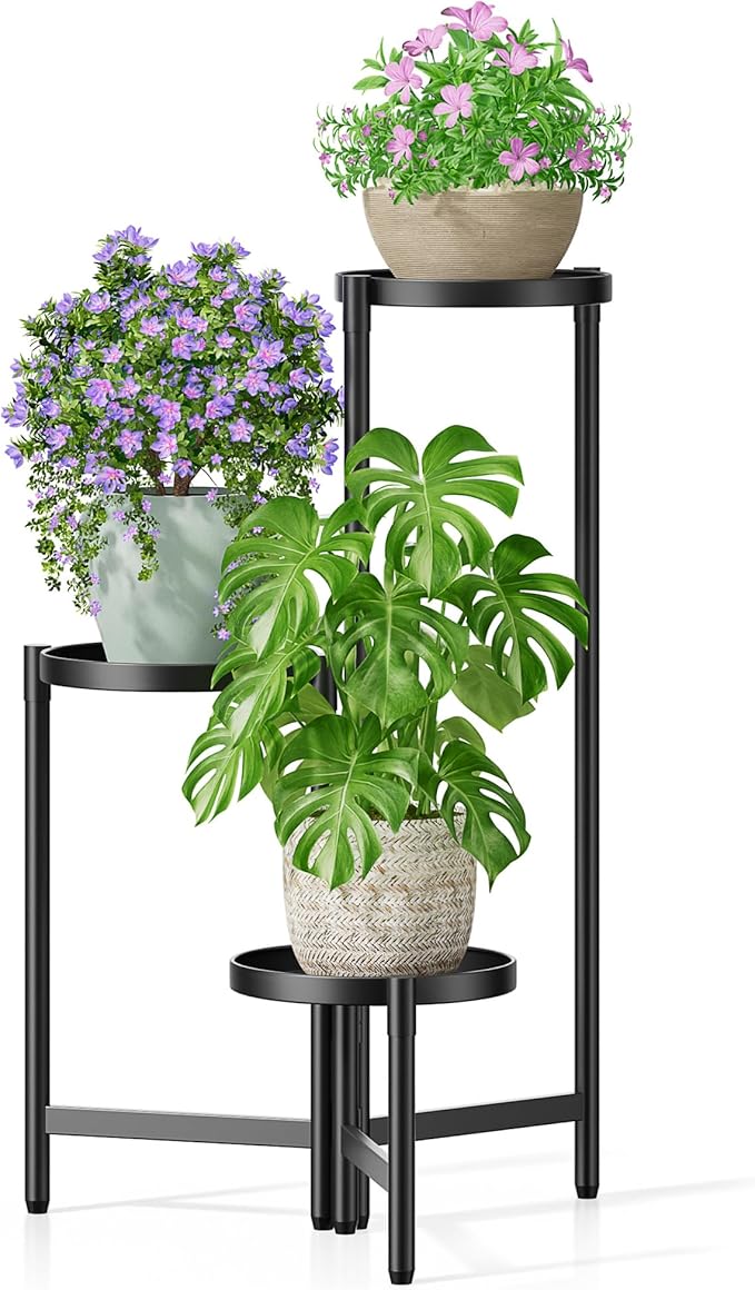 3 Tier Large Plant Stand Indoor with 7.9 Inch Wide Tray, Tiered Corner Metal Outdoor Flower Holder Stand, Folding Tall Rack for Display Shelf for Patio Porch Balcony - BlackDisk