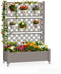 Mobile Garden Planter with Trellis & Lockable Wheels, Outdoor Raised Bed with Drainage & Water Gauge, Weather-Resistant Resin for Patio, Balcony, Yard, Dust-Resistant (Grey, 43.43*18.27*64.29)