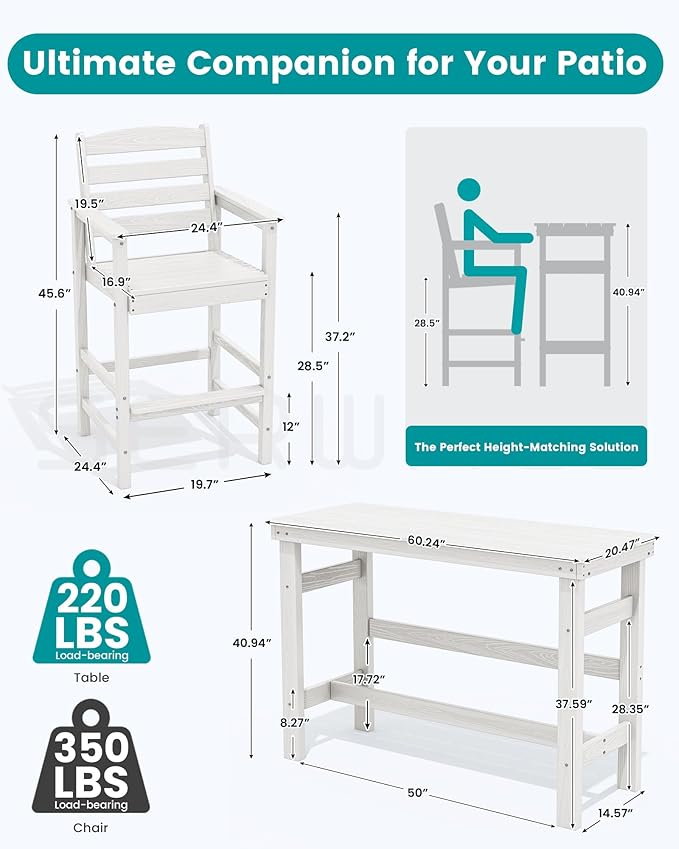 SERWALL Outdoor Bar Table and Chairs Set, Adirondack Bar Chairs Set of 2 and Bar Height Table, All Weather HDPE Patio Bar Set, Outdoor Furniture for Outside, White