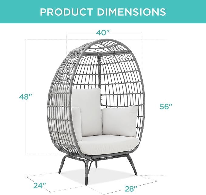 Best Choice Products Wicker Egg Chair, Oversized Indoor Outdoor Lounger for Patio, Backyard, Living Room w/ 4 Cushions, Steel Frame, 440lb Capacity - Gray/White Sand