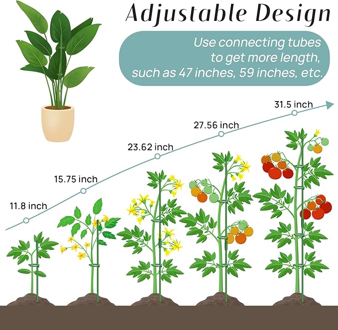 Plant Stakes, 20 Pcs Plant Sticks Stakes Support, Garden Stake Pole with Clips, Adjustable Plant Support with 20 Rings and 10 Connectors for Indoor and Outdoor Plants