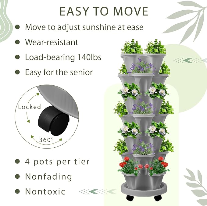 Umigy 2 Set of 7 Tier Vertical Planter Stackable Tower Planters Strawberry Herb Flower and Vegetable Pots Indoor Outdoor Gardening Pots with Removable Wheels and Tools(Light Gray)