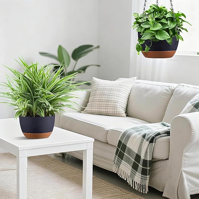 Hanging Planters for Indoor Plants, Set of 2 8/10 Inch Self-Watering Hanging Pots with Drainage Hole & Removable Water-Storage Tray II Screw-in Hooks